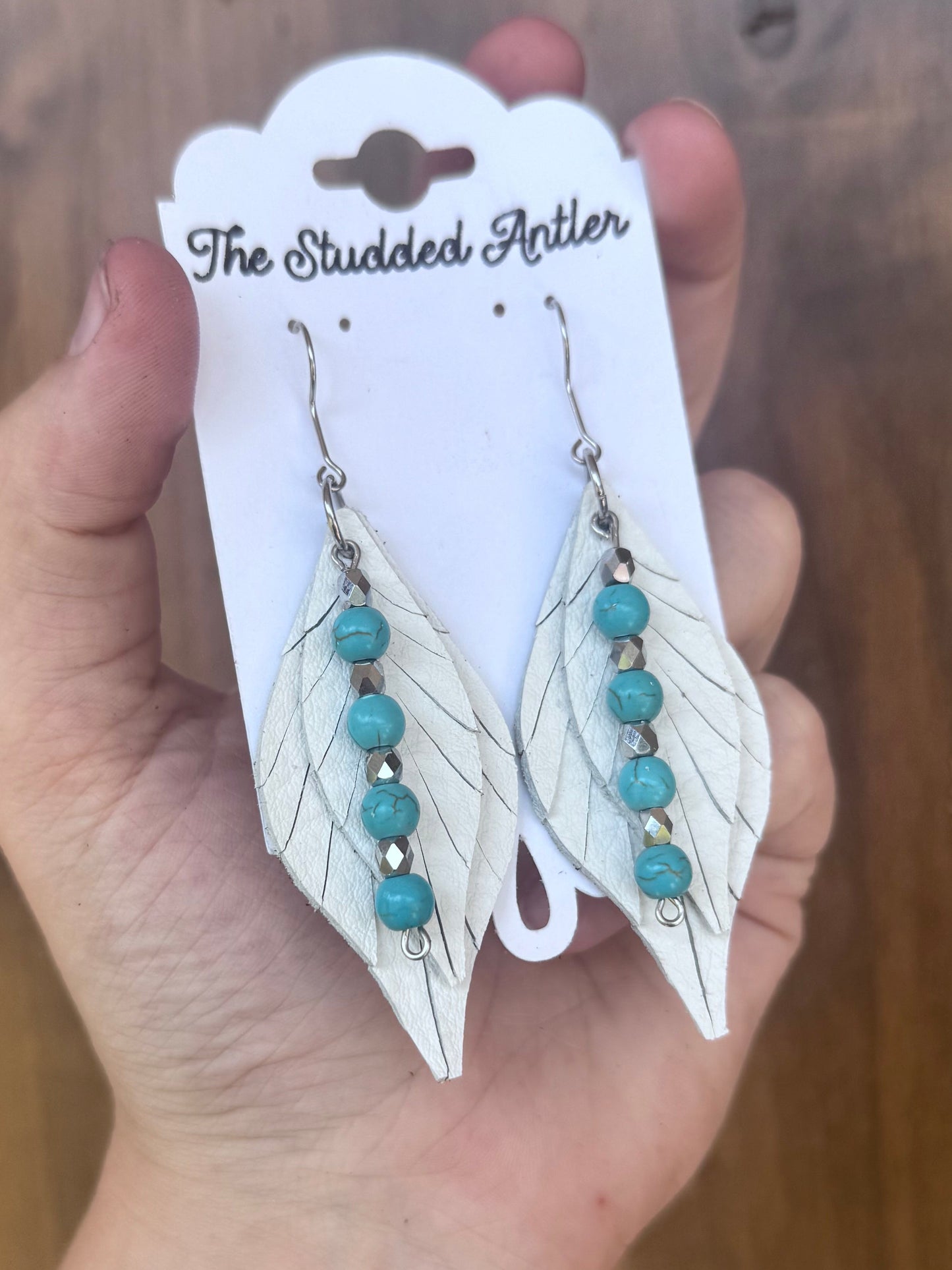 Handmade Hypoallergenic White Leather Earrings with Hand Beaded Faux Turquoise Tassels