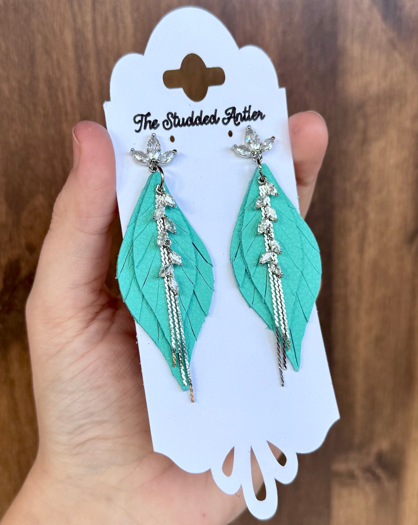 Aqua Blue Handmade Hypoallergenic Leather Earrings with Silver Rhinestone Tassels and Rhinestone Studs