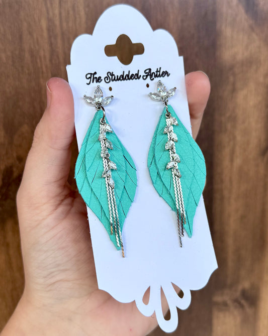 Aqua Blue Handmade Hypoallergenic Leather Earrings with Silver Rhinestone Tassels and Rhinestone Studs