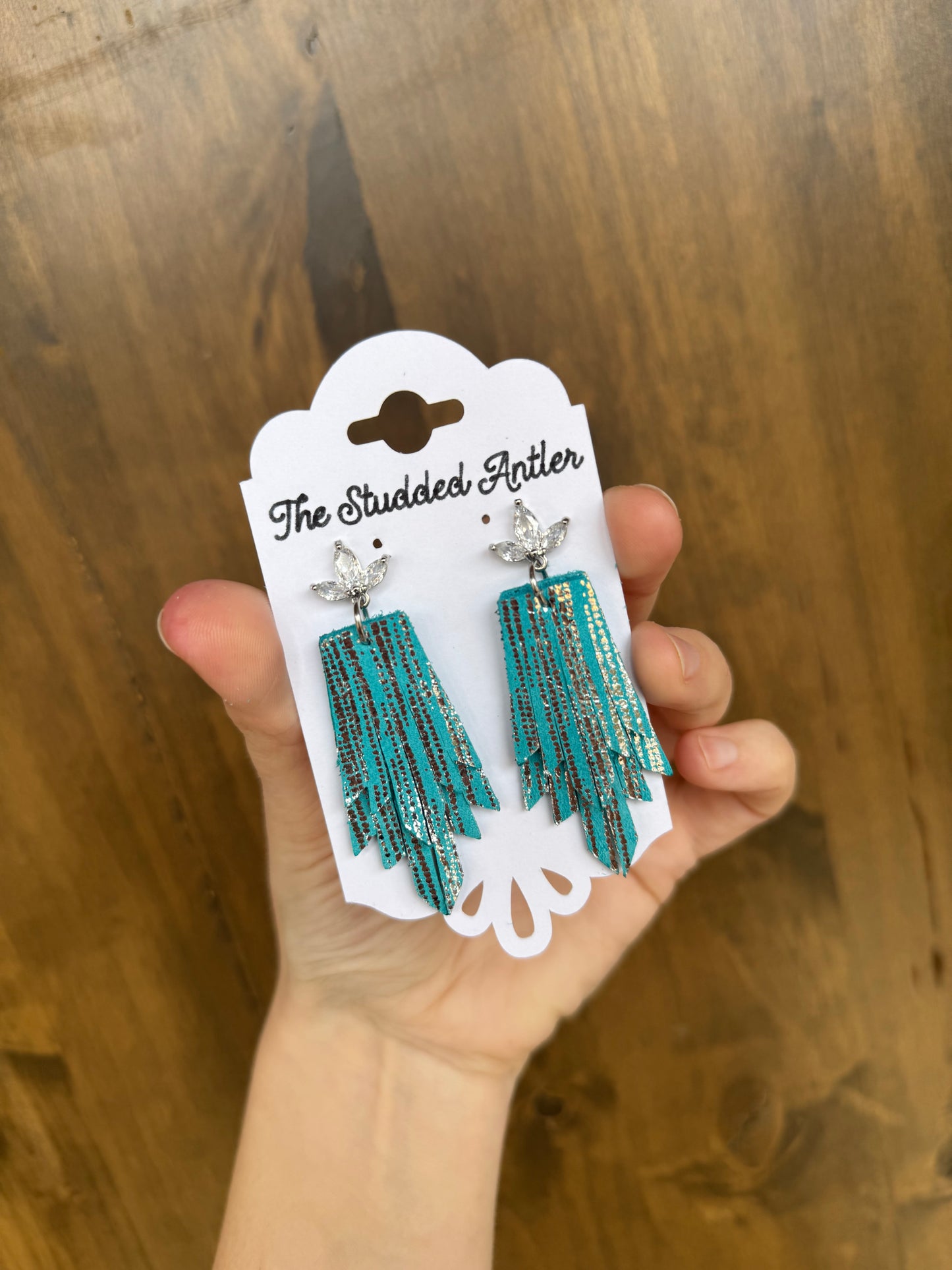 Fringe Feather Genuine Leather Earrings - Blue with Silver Metallic stripes