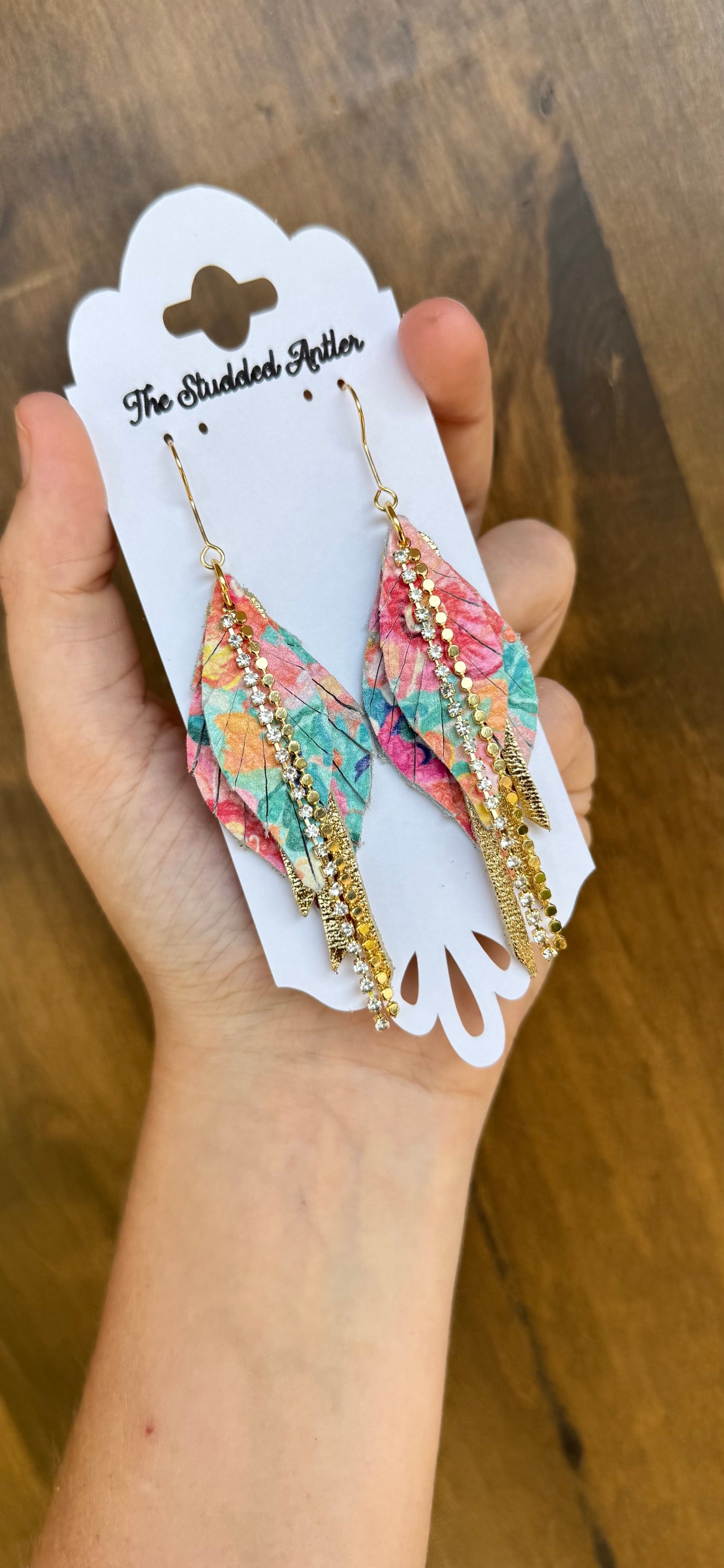 Rainbow flower leather earrings with gold rhinestone and chain - Handmade Hypoallergenic Leather Earrings - Mini teardrop