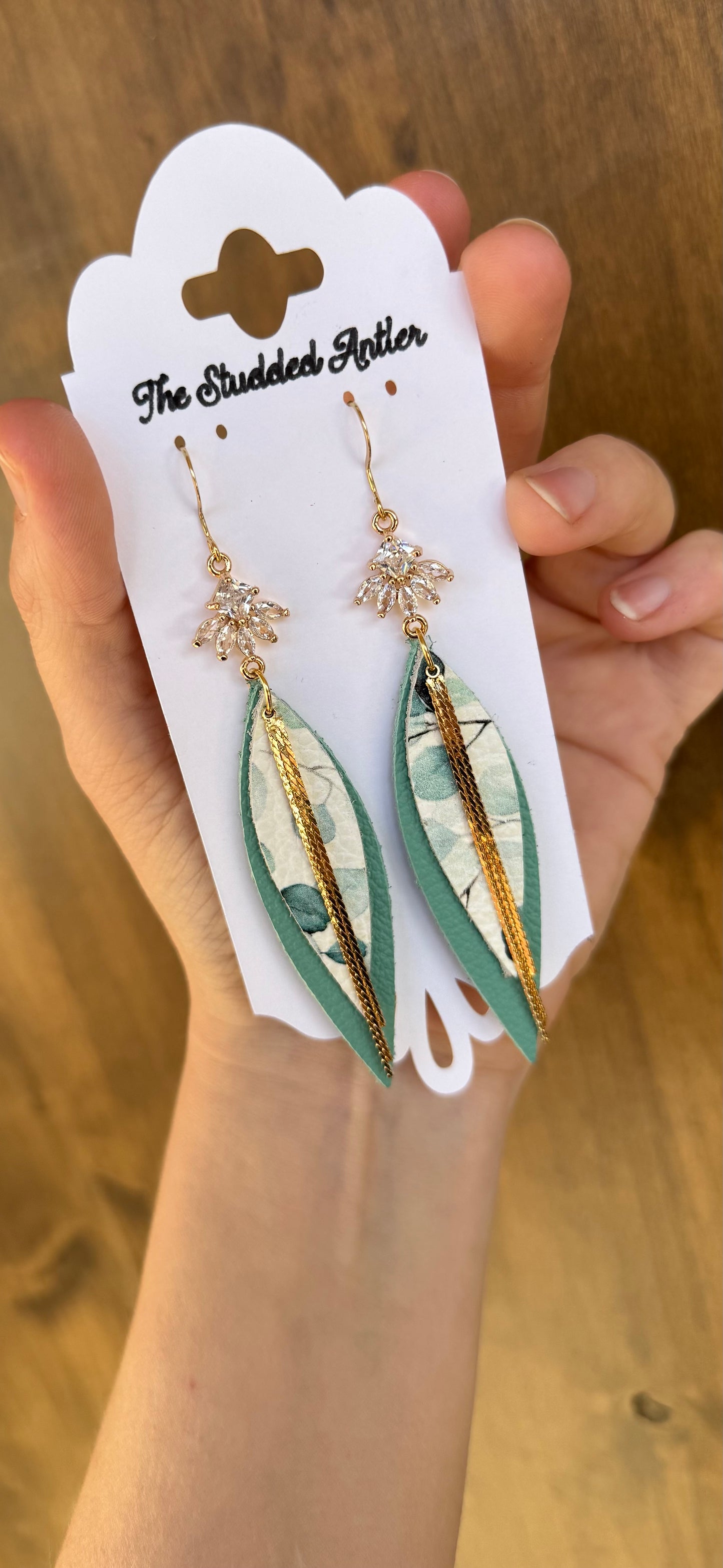 Western Style Leather Earrings - Teardrop Dangle Leather Earrings - Gold and Blue