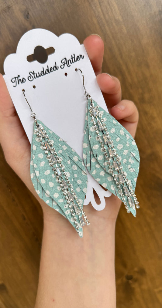 Women’s Western Style Leather Earrings - Fringe Feather Leather Earrings - Mint Blue, White and Silver