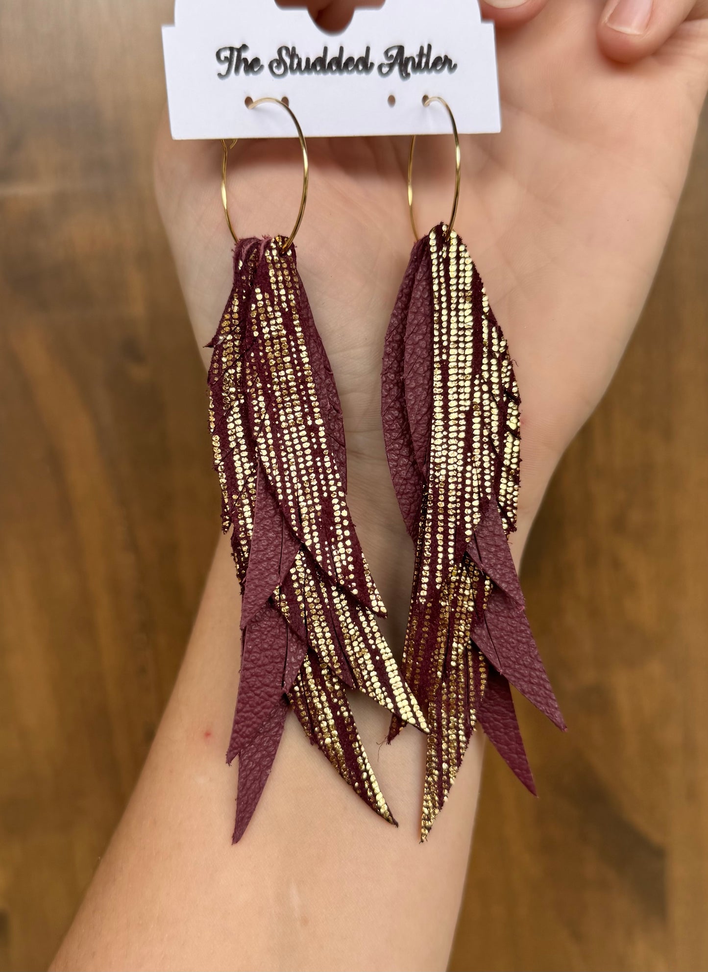 Burgundy and Gold Handmade Hypoallergenic Leather Earrings