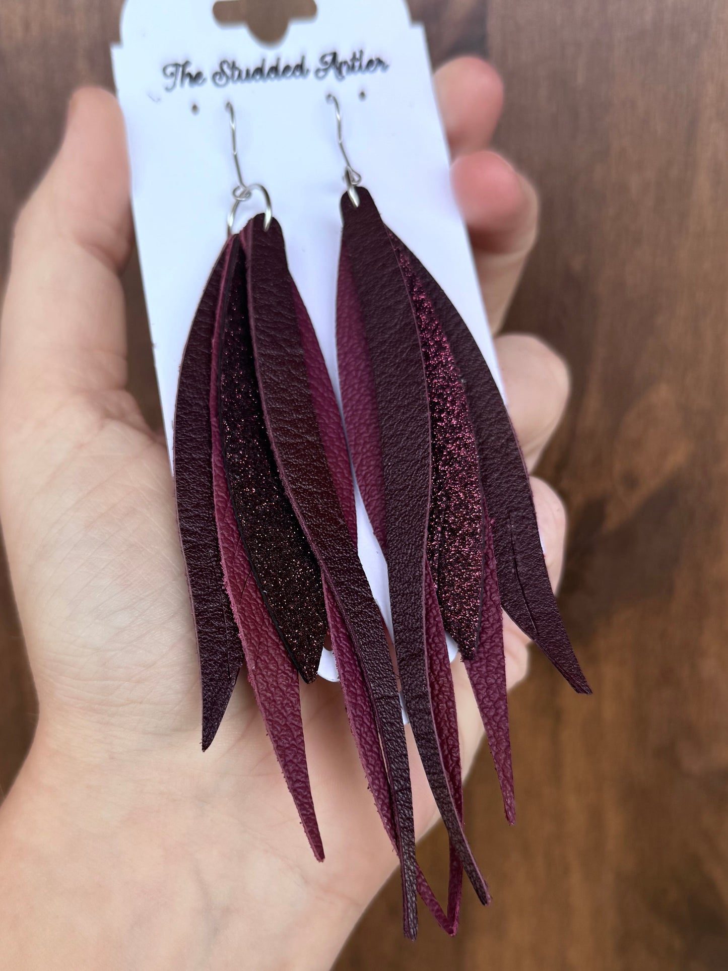 Burgundy and Maroon Glitter Handmade Hypoallergenic Leather Earrings