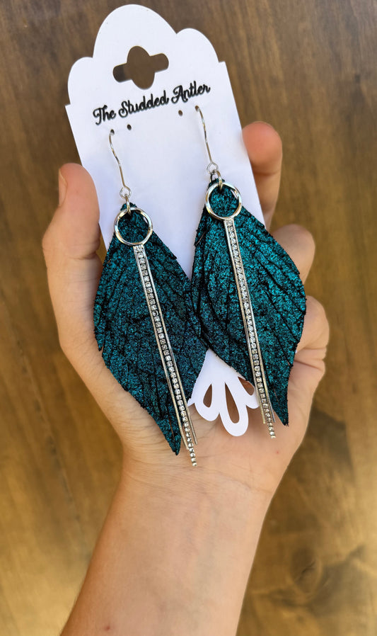 Teal-blue-leather-feather-earrings-hypoallergenic