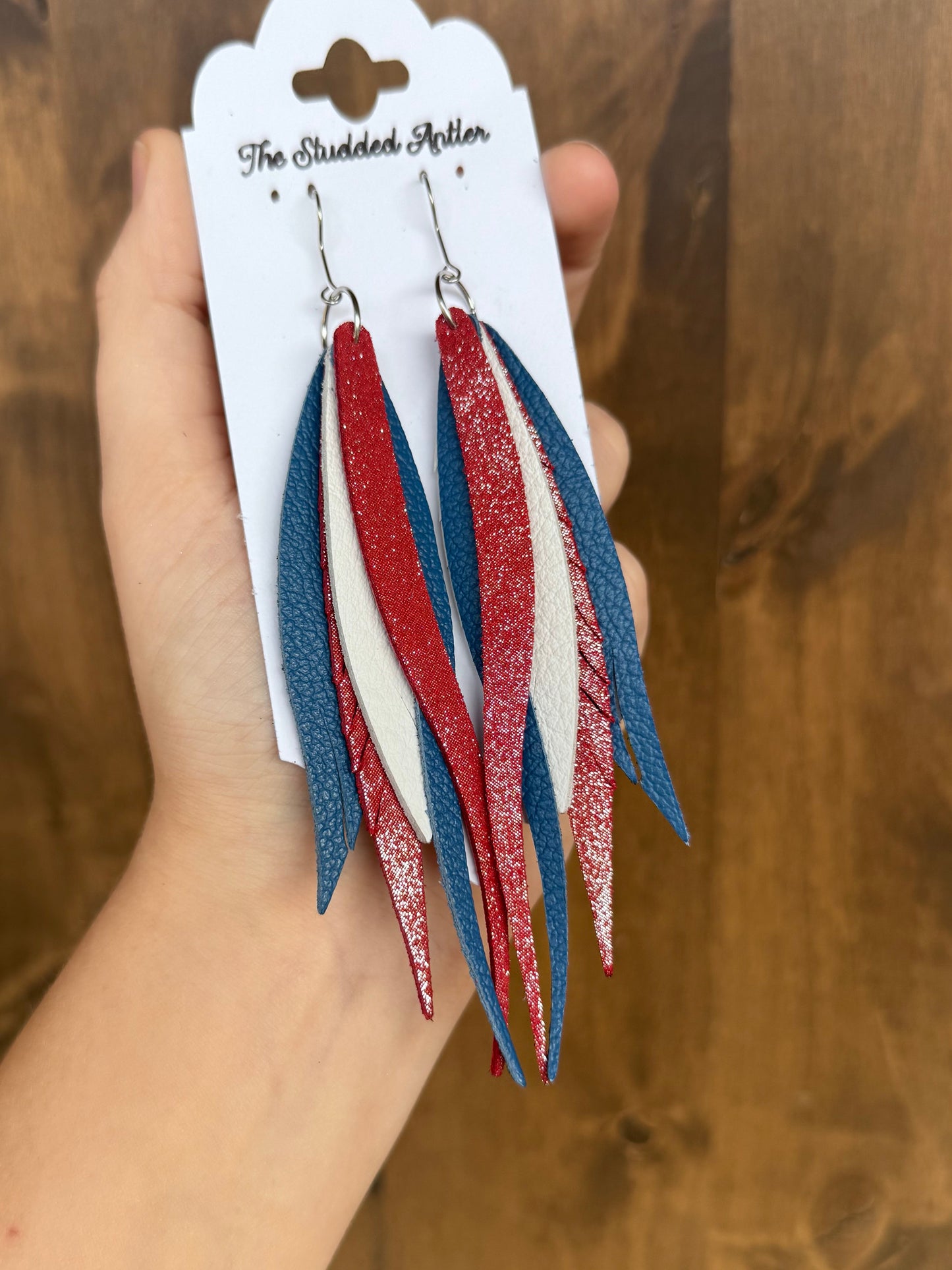 Red, White, and Blue Shimmer Handmade Hypoallergenic Leather Earrings
