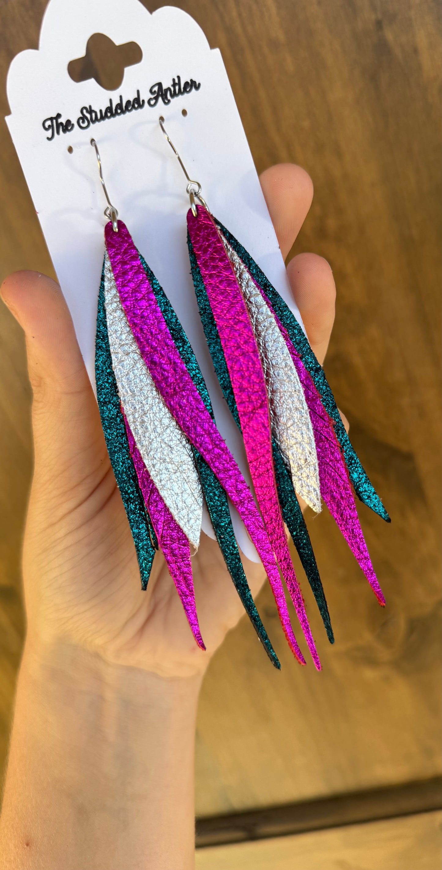 Dark teal shimmer, Hot pink and Silver Handmade Hypoallergenic Leather feather Earrings