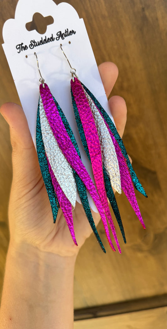 Dark teal shimmer, Hot pink and Silver Handmade Hypoallergenic Leather feather Earrings