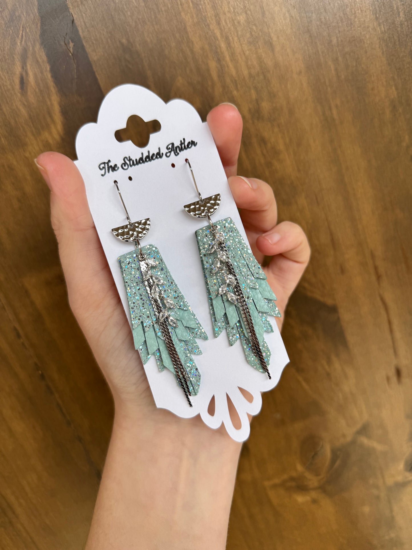 Womens Boho Style Leather Earrings - Fringe Feather Leather Earrings - Mint Blue Sparkle