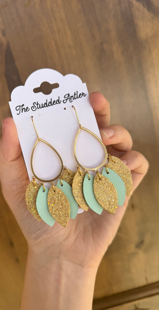 Mint Blue and Yellow Sparkle Short Dangle Genuine Leather Earrings