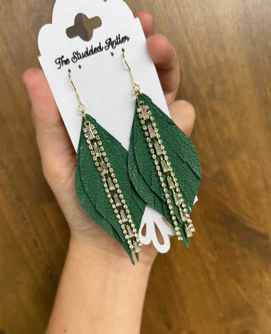 Dark green leather earrings - Handmade Hypoallergenic Leather Earrings with gold rhinestone tassels
