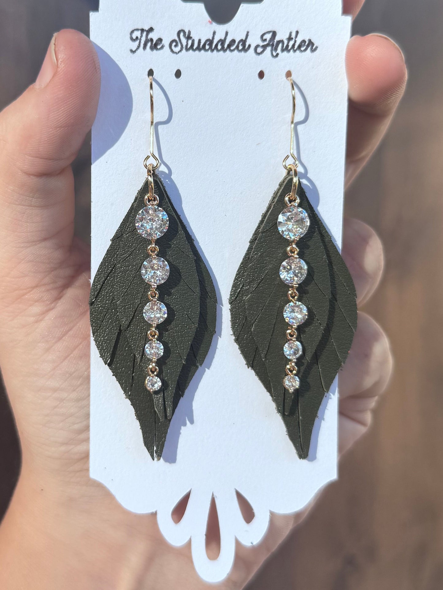 Handmade Hypoallergenic Dark Olive Green Leather Earrings with Gold Plated Brass Rhinestone Dangles