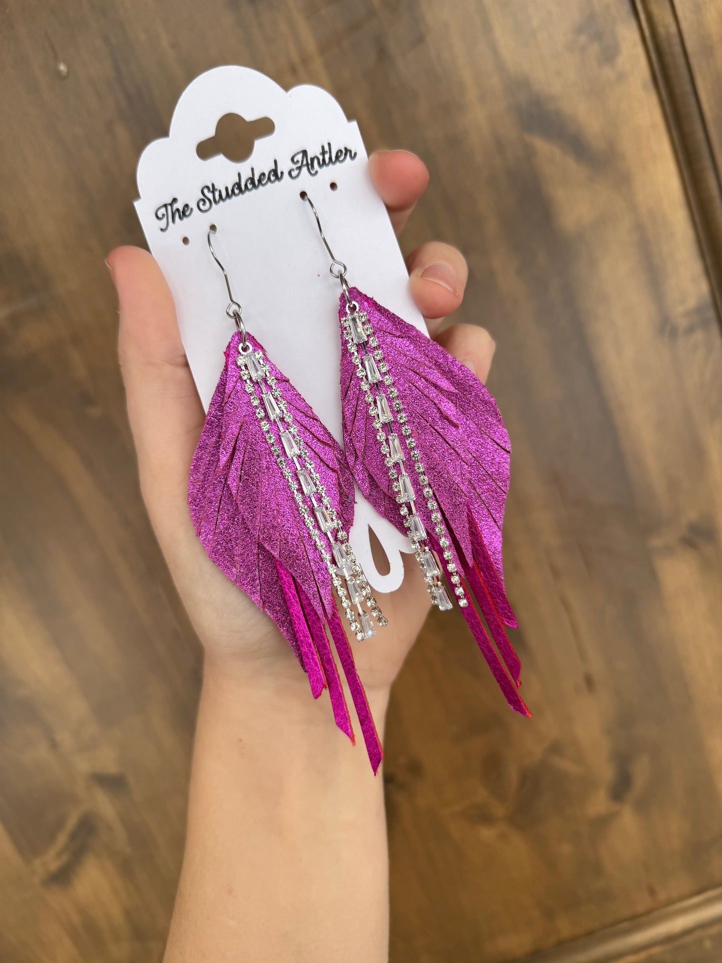 Fringe Feather Genuine Leather Earrings - Hot Pink Sparkle