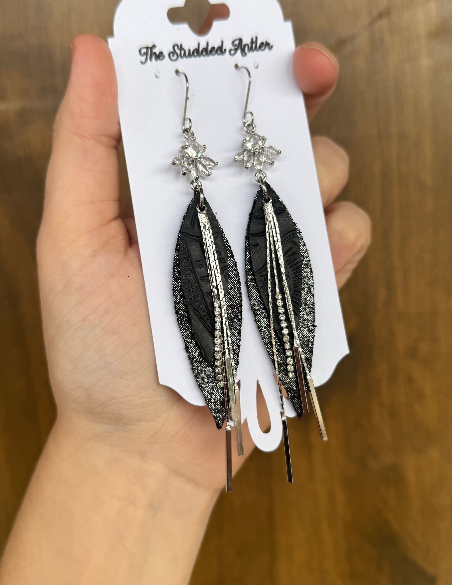 Black Sparkle Handmade Hypoallergenic Leather Earrings with Silver Bar Dangles