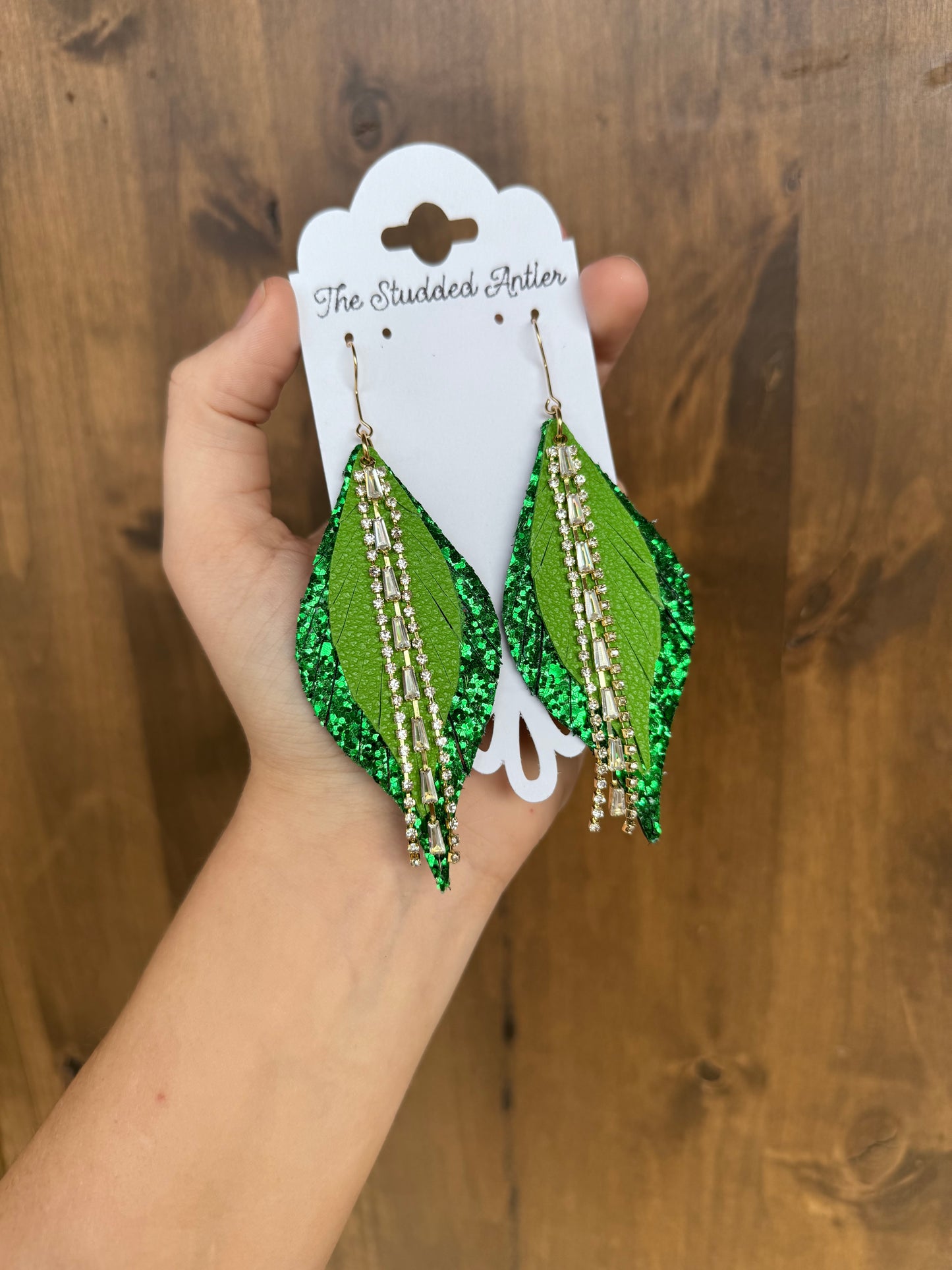 Green Glitter Handmade Hypoallergenic Leather Earrings with Gold Rhinestone Tassels