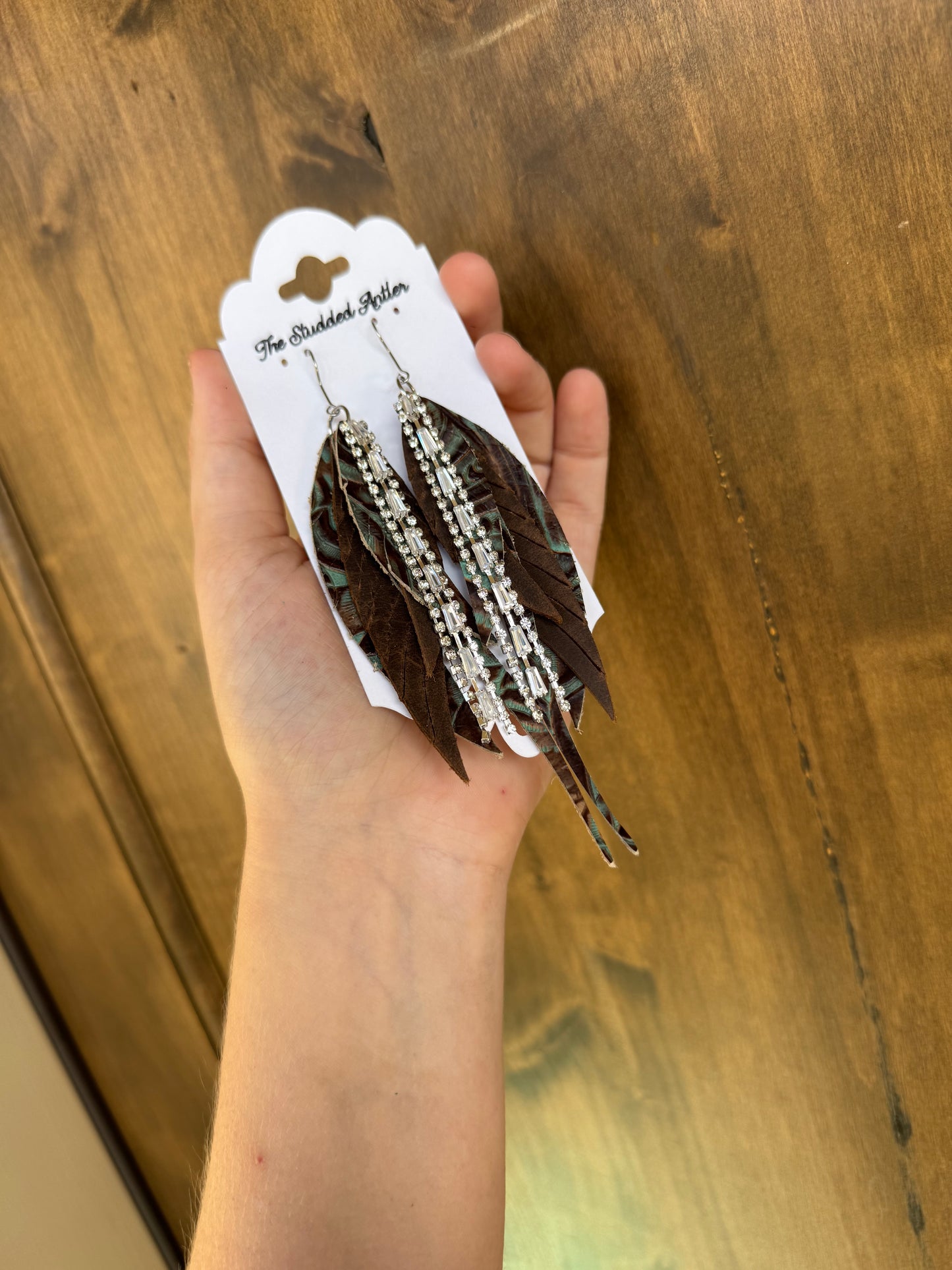 Dark brown and aqua blue tooled leather earrings - Handmade Hypoallergenic Leather feather Earrings