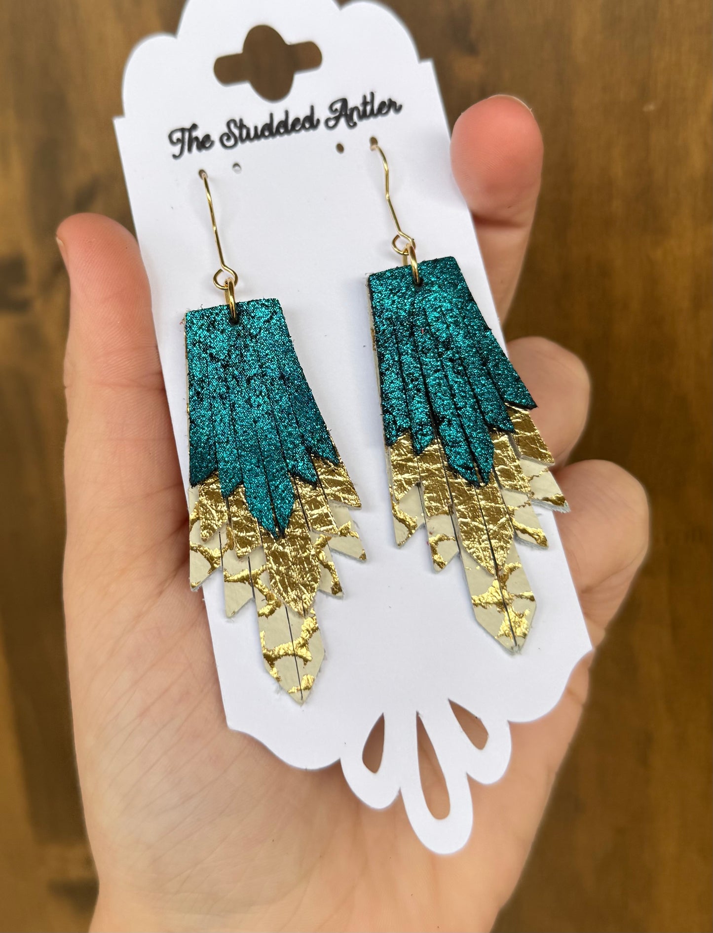 Blue teal and Gold Metallic Handmade Hypoallergenic Leather Earrings