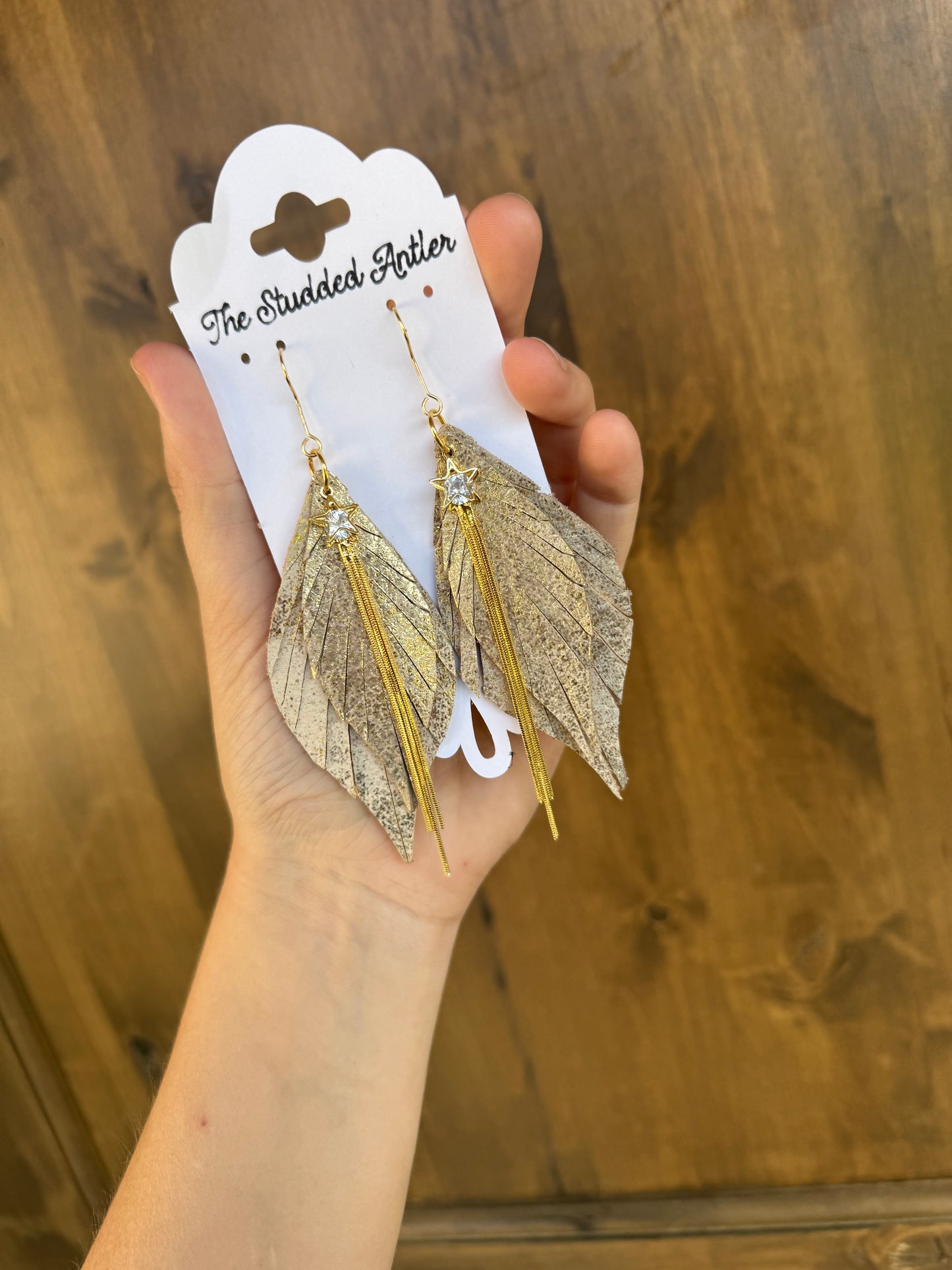 Leather Feather star Earrings - Gold shimmer Earrings - Women's Western Earrings