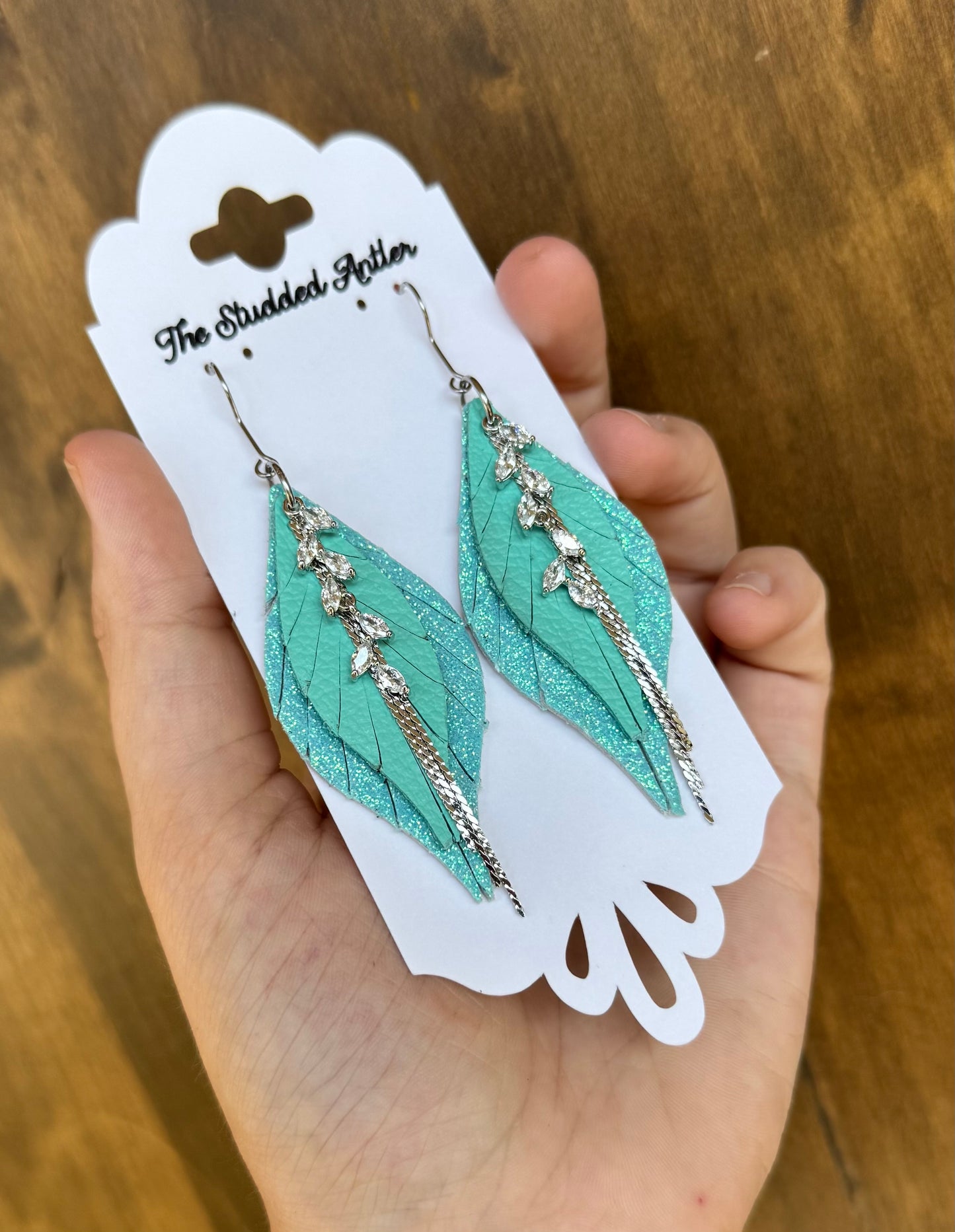 Aqua Blue Glitter leather with silver rhinestone and chain - Handmade Hypoallergenic Leather Earrings - Mini teardrop