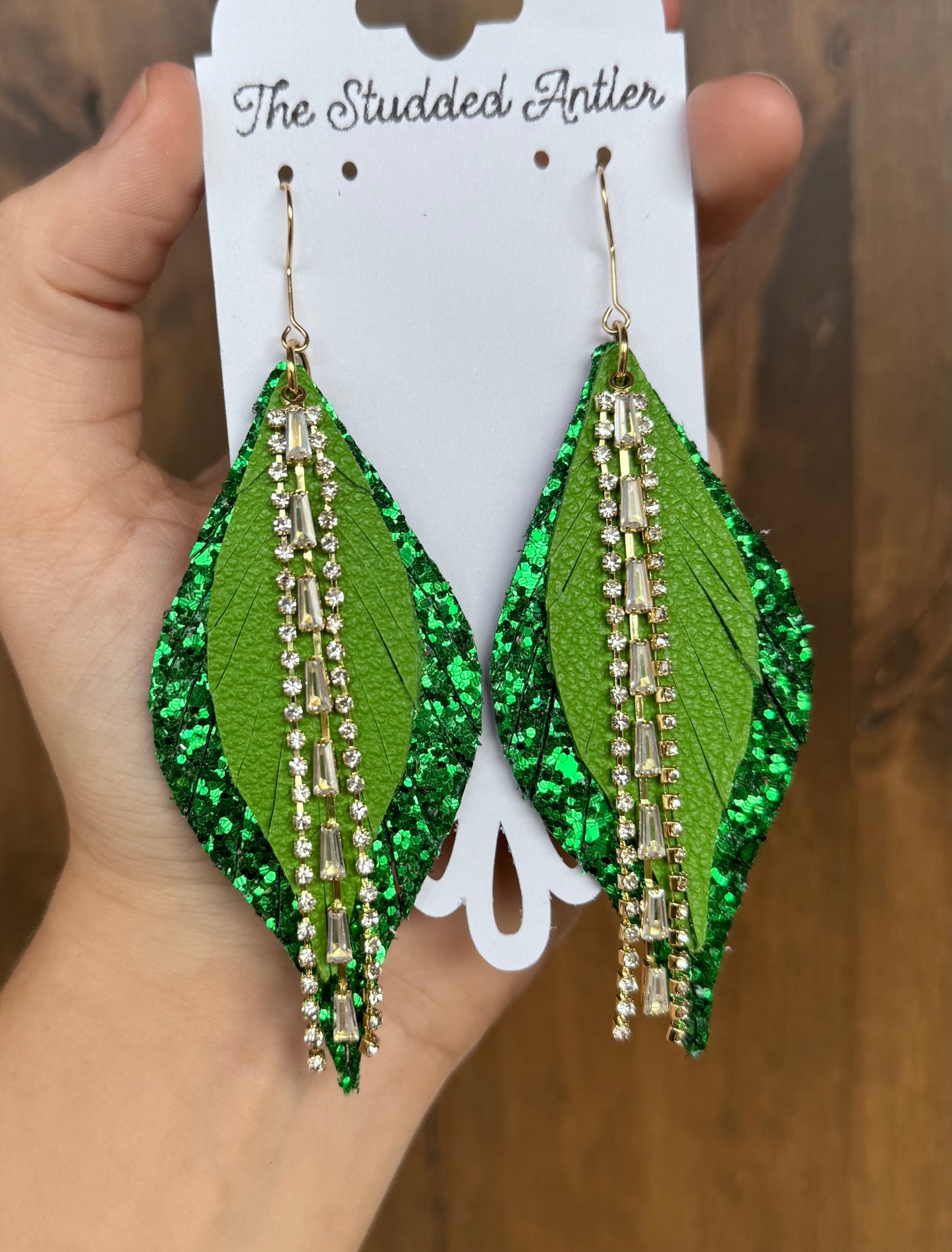 Green Glitter Handmade Hypoallergenic Leather Earrings with Gold Rhinestone Tassels