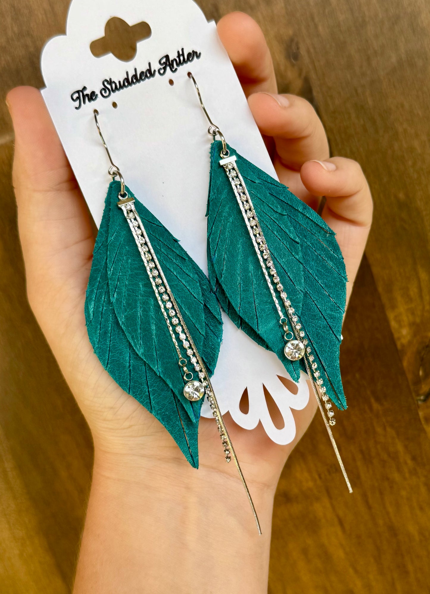 Dark Teal Blue leather earrings - Handmade Hypoallergenic Leather Earrings with silver rhinestone tassel