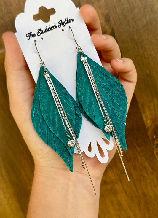 Dark Teal Blue leather earrings - Handmade Hypoallergenic Leather Earrings with silver rhinestone tassel