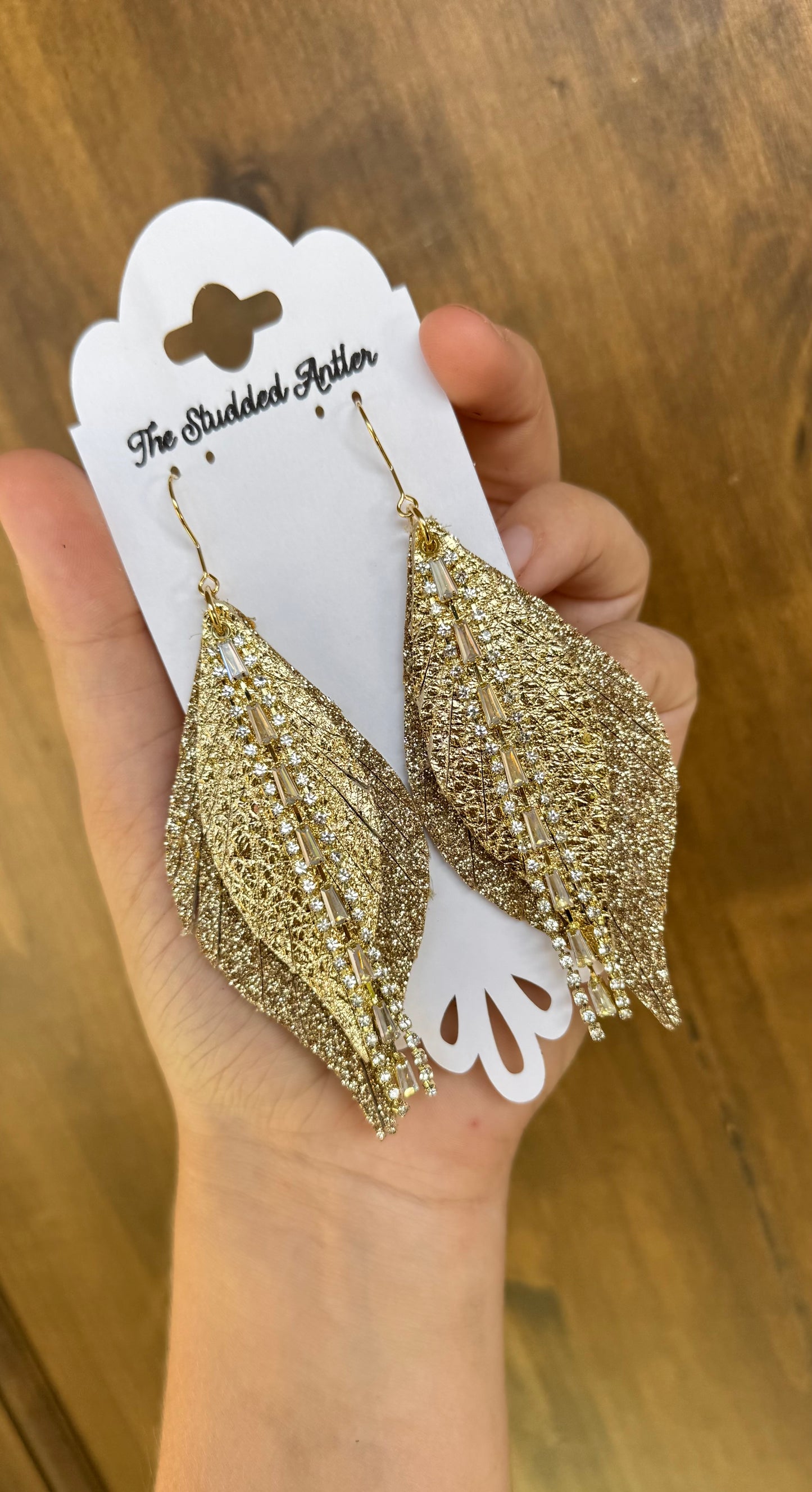 Gold Glitter leather earrings - Handmade Hypoallergenic Leather Earrings with gold rhinestone tassels
