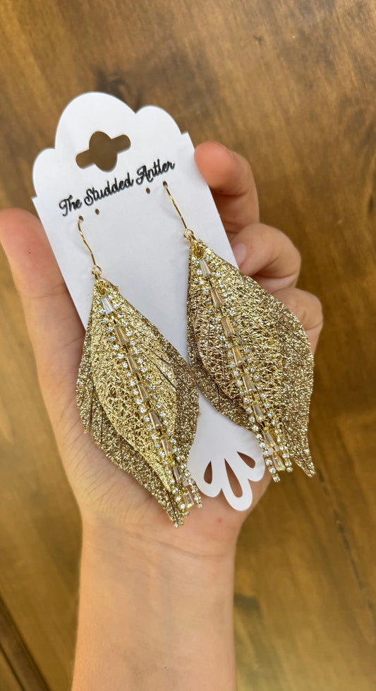Gold Glitter leather earrings - Handmade Hypoallergenic Leather Earrings with gold rhinestone tassels