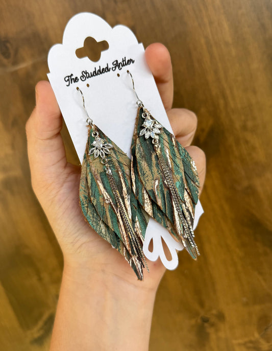 Dark teal, bronze and brown leather earrings - Handmade Hypoallergenic Leather Earrings with silver rhinestone tassel