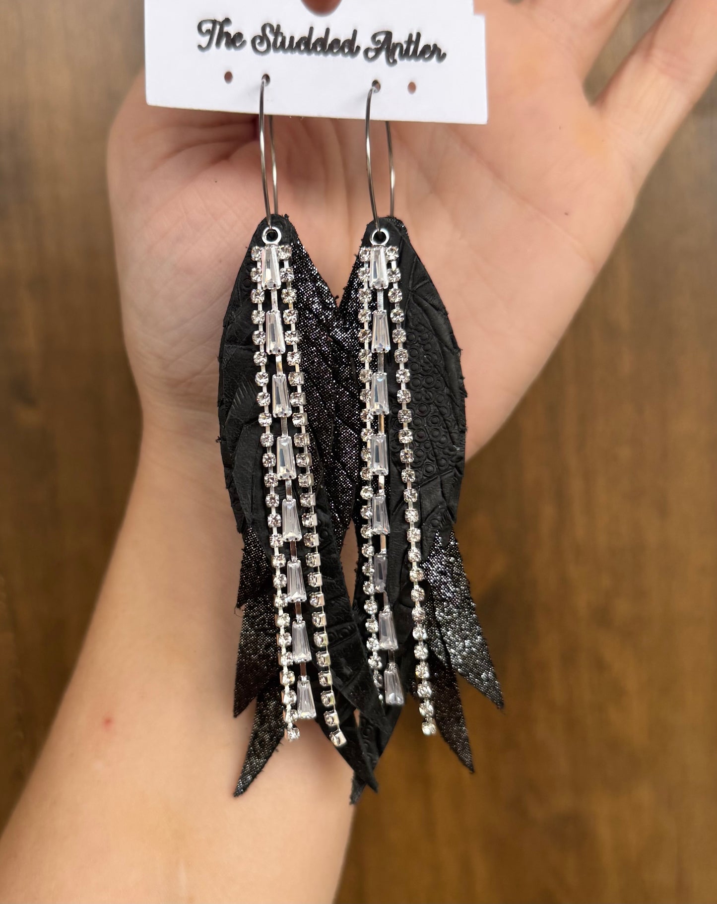Black Tooled Handmade Hypoallergenic Leather Earrings with Silver Rhinestone Dangles