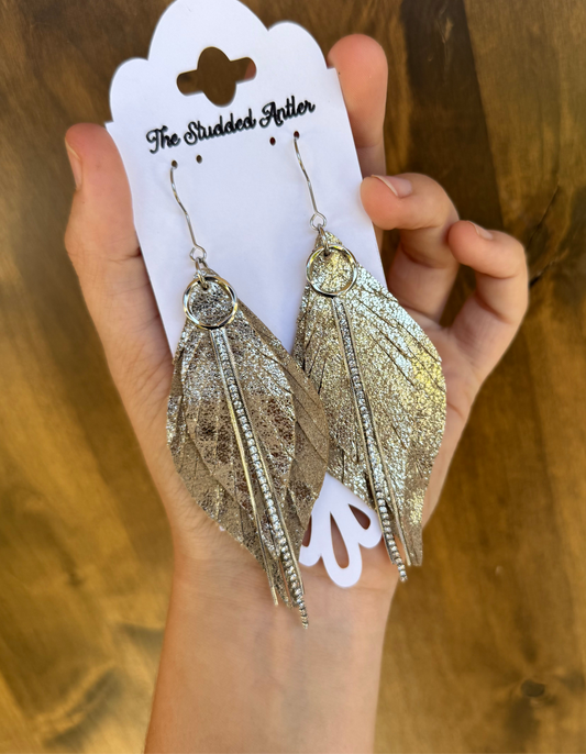 Fringe feather leather earrings - Western Leather Earrings for women - Champagne gold and silver earrings