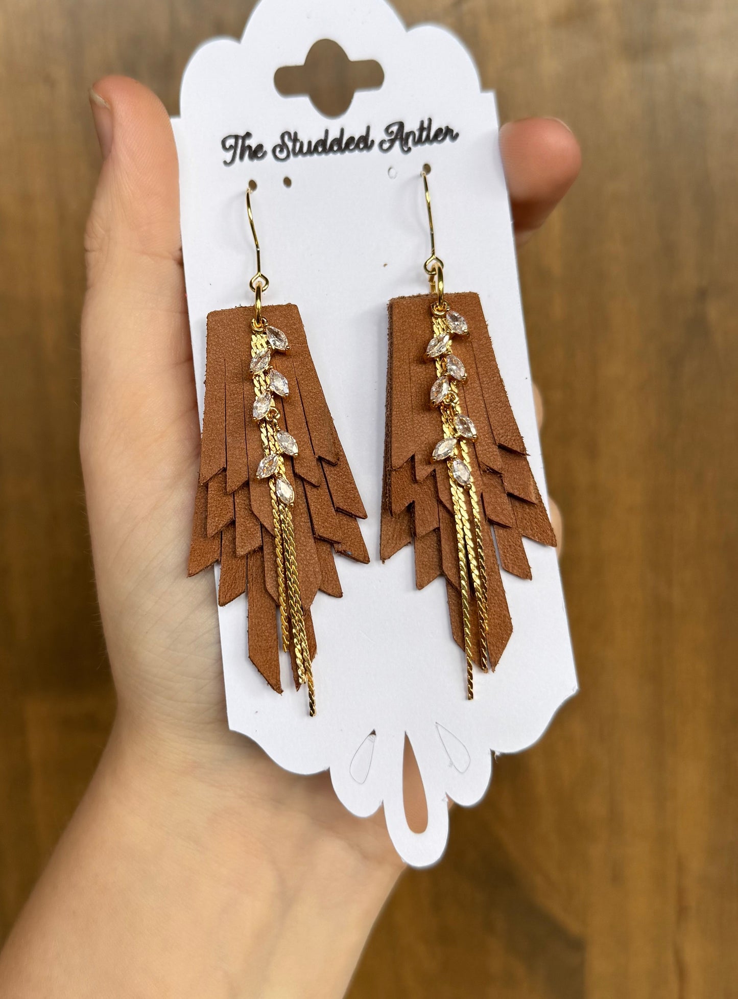 Light Brown and Gold Handmade Hypoallergenic Leather Earrings with Gold Rhinestone Dangle