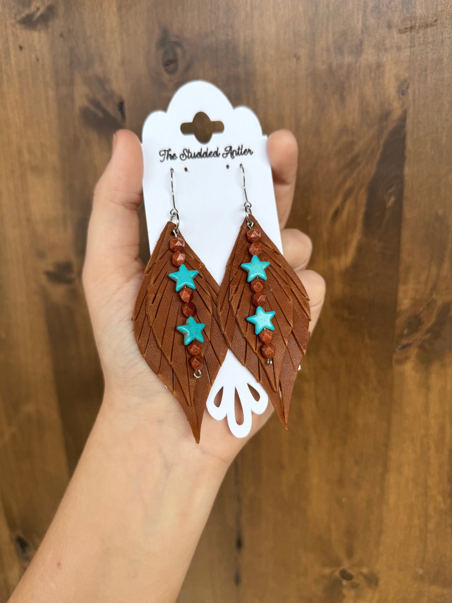 Brown Handmade Hypoallergenic Leather Earrings with Hand Beaded Faux Turquoise Star Accents