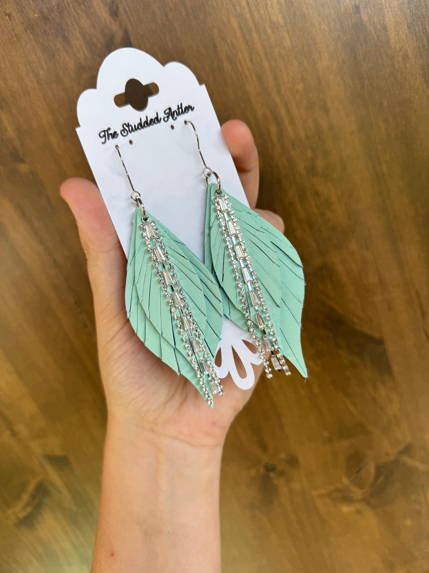 Mint blue leather earrings - Handmade Hypoallergenic Leather Earrings with silver rhinestone tassel