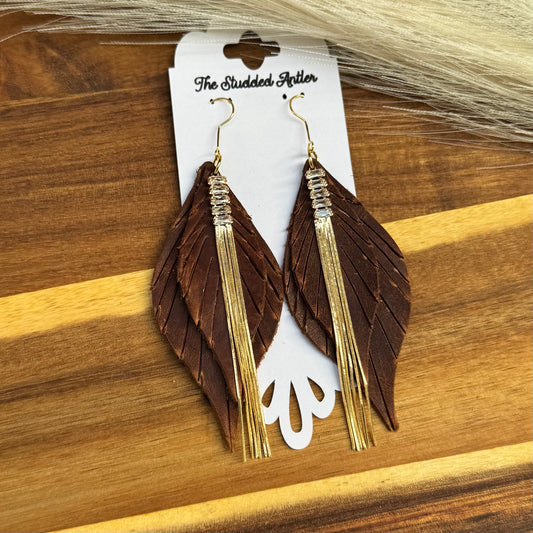 Dark brown leather earrings with gold - Handmade Hypoallergenic Leather Earrings with gold rhinestone tassel