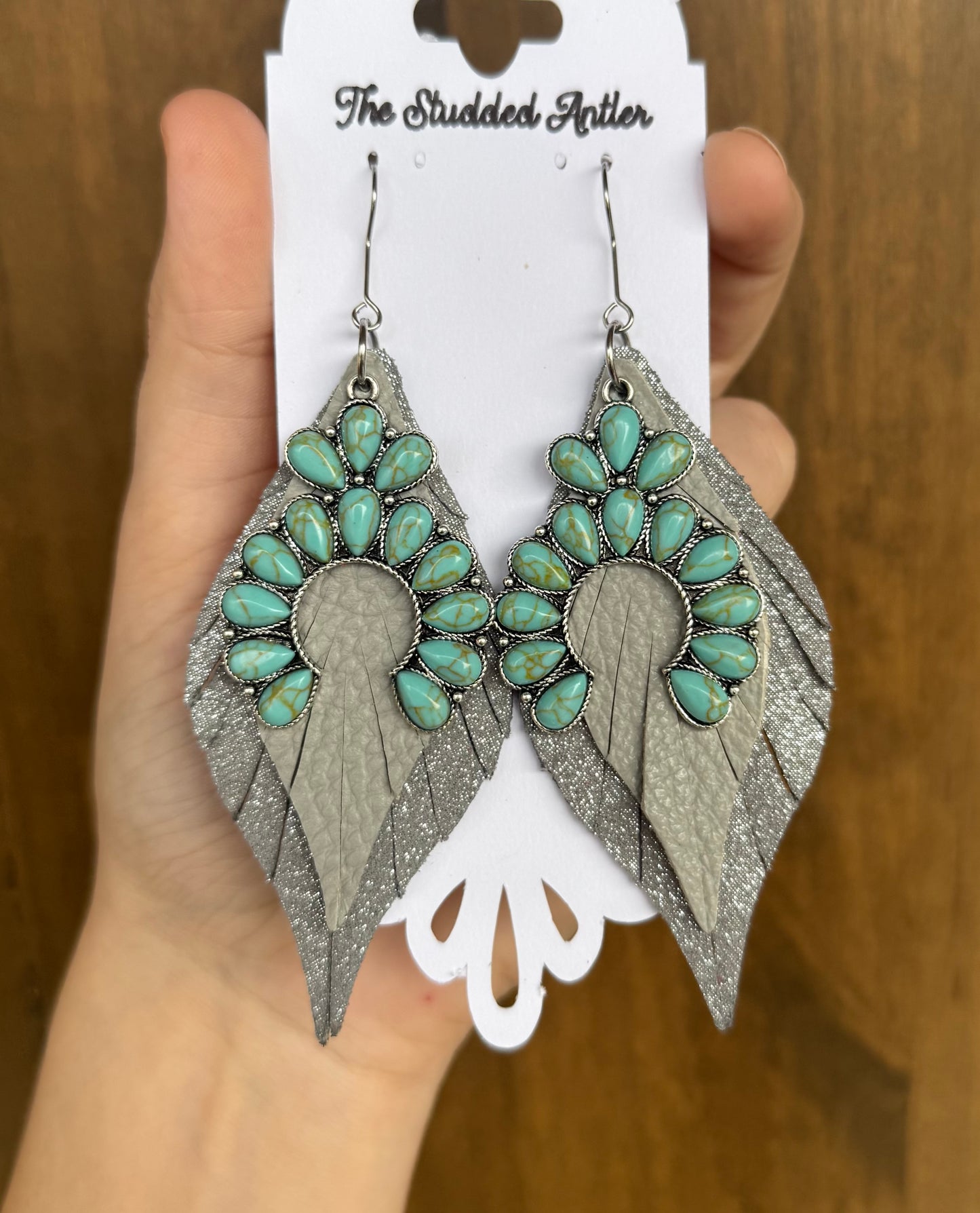 Gray Handmade Hypoallergenic Leather Earrings with Faux Turquoise Charm