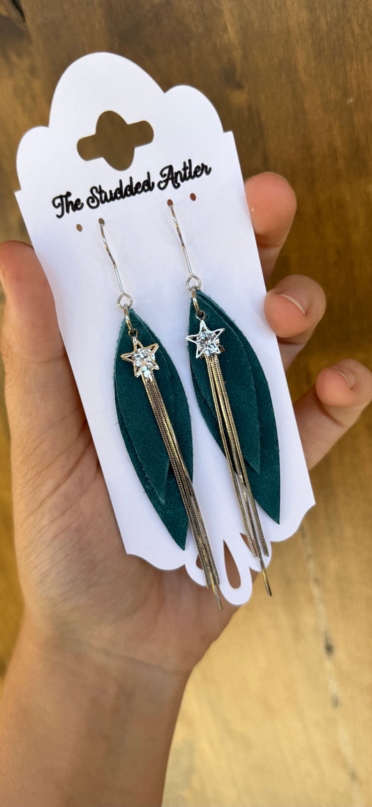 Dark Blue Teal and Silver Star Handmade Hypoallergenic Leather Earrings