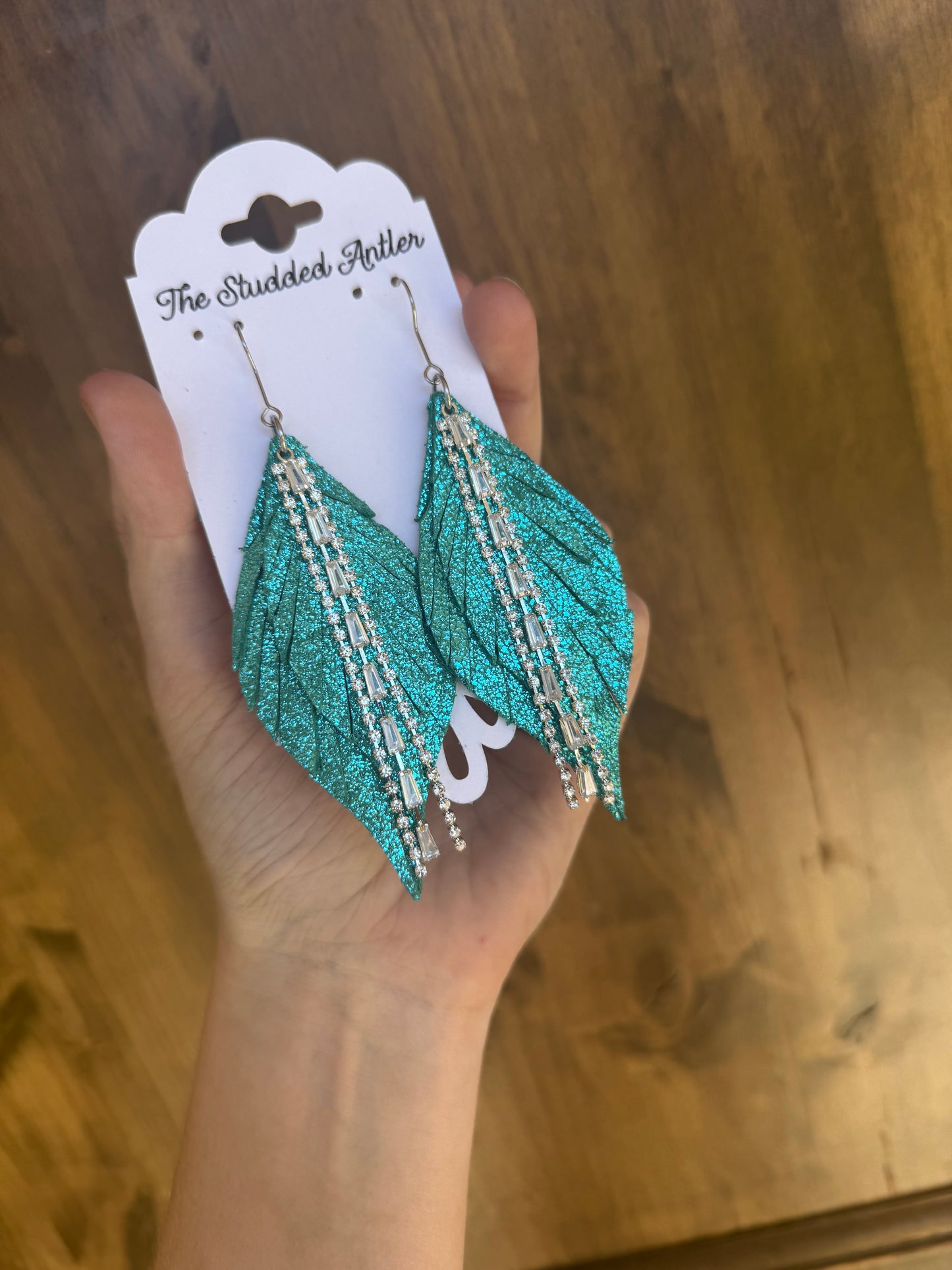 Fringe Feather Leather Earrings 
- Women’s NFR Western leather Earrings - Turquoise Blue and Silver Rhinestones