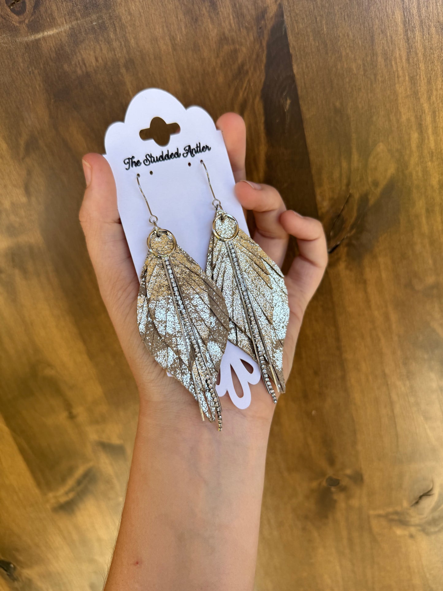 Fringe feather leather earrings - Western Leather Earrings for women - Champagne gold and silver earrings