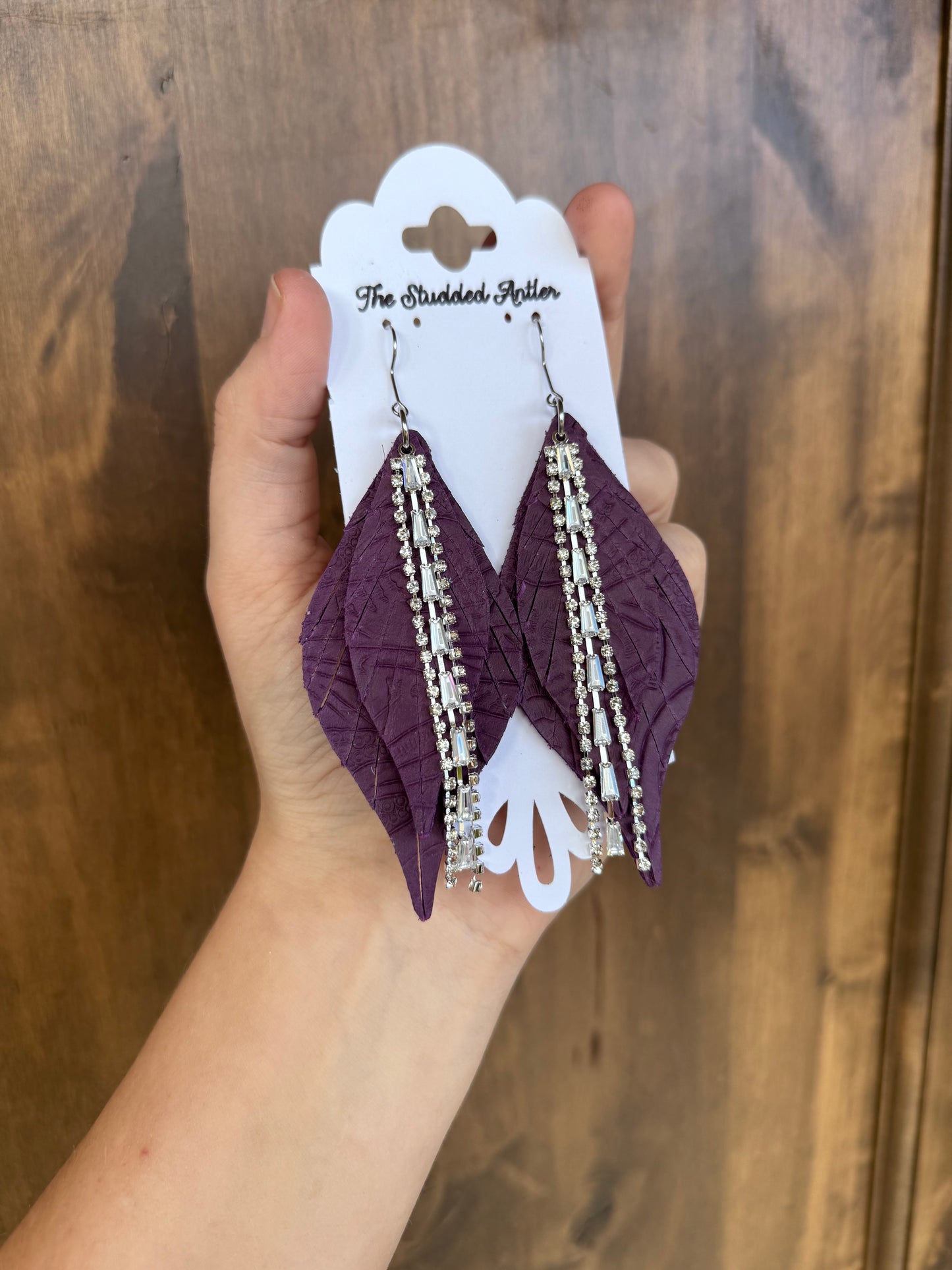 Purple Handmade Hypoallergenic Tooled Leather Earrings with  Rhinestone Tassels