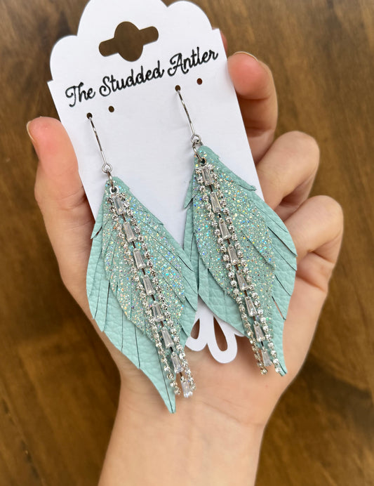 Women’s Western Style Leather Earrings - Fringe Feather Leather Earrings - Mint Blue and Silver