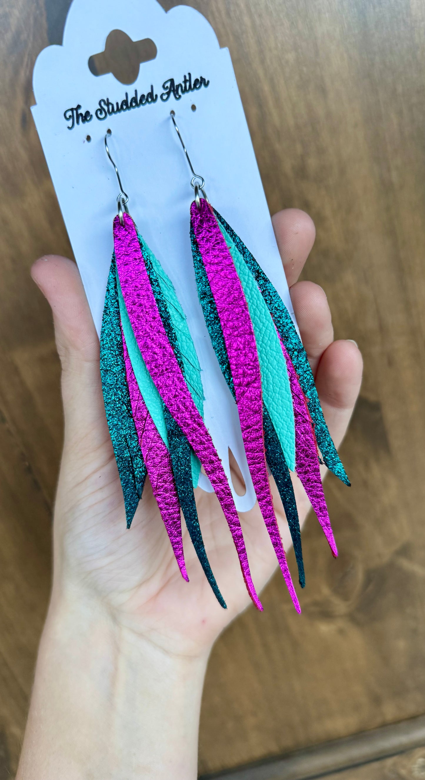 Dark teal shimmer, Hot pink and aqua blue Handmade Hypoallergenic Leather feather Earrings