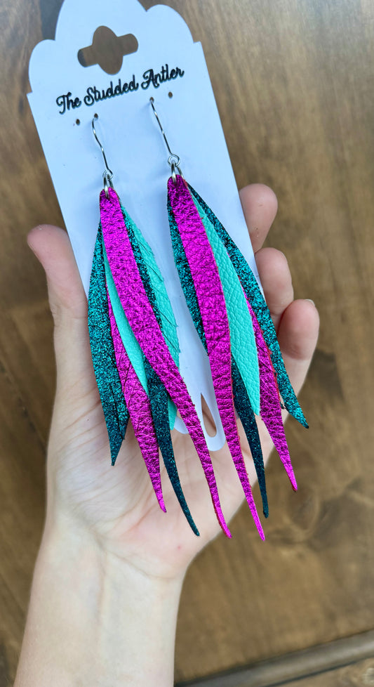 Dark teal shimmer, Hot pink and aqua blue Handmade Hypoallergenic Leather feather Earrings