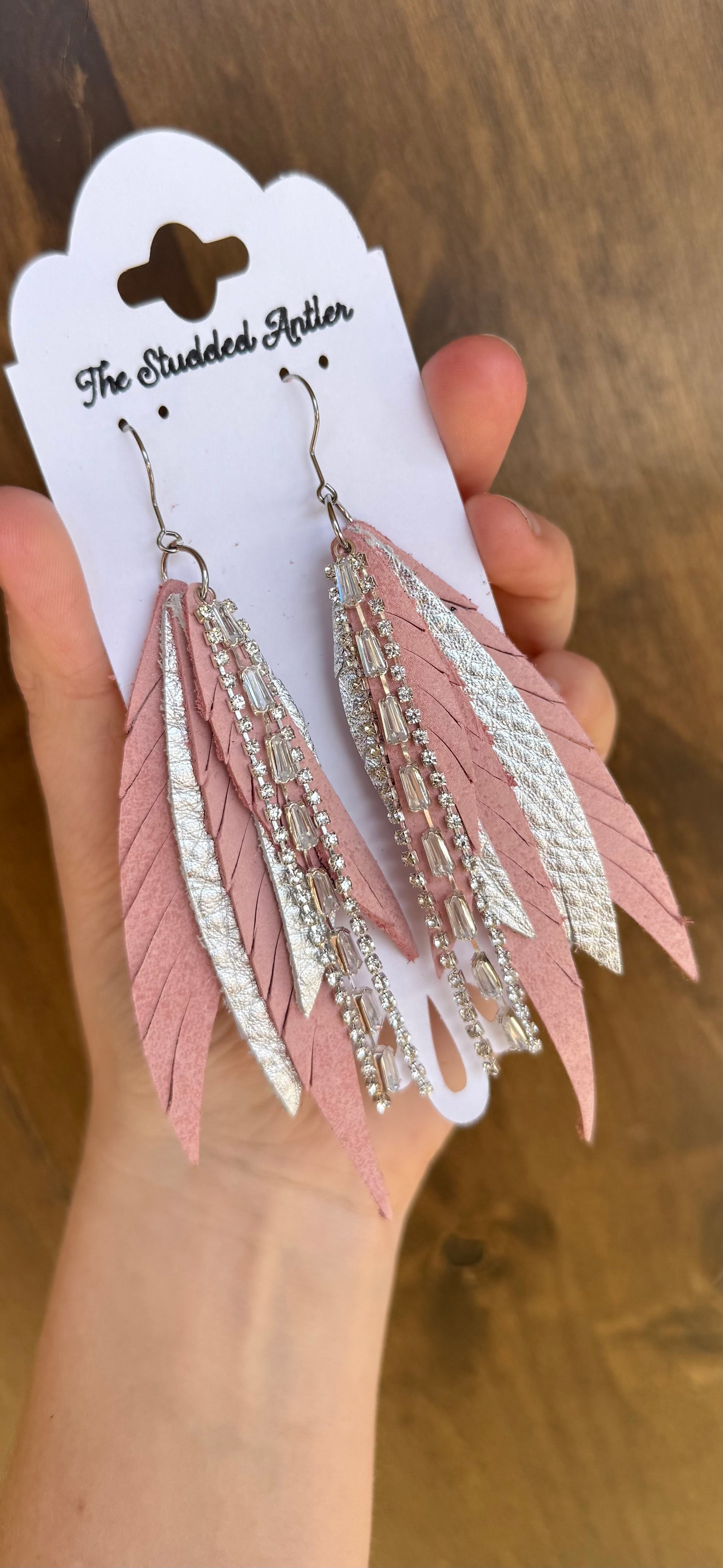 Fringe Feather Genuine Leather Earrings - Pink and Silver