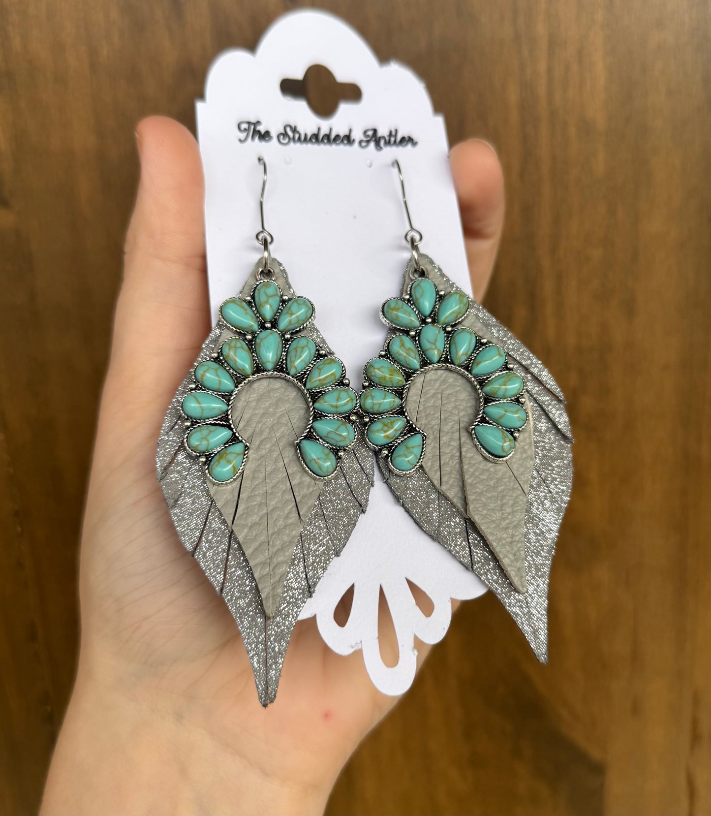 Gray Handmade Hypoallergenic Leather Earrings with Faux Turquoise Charm