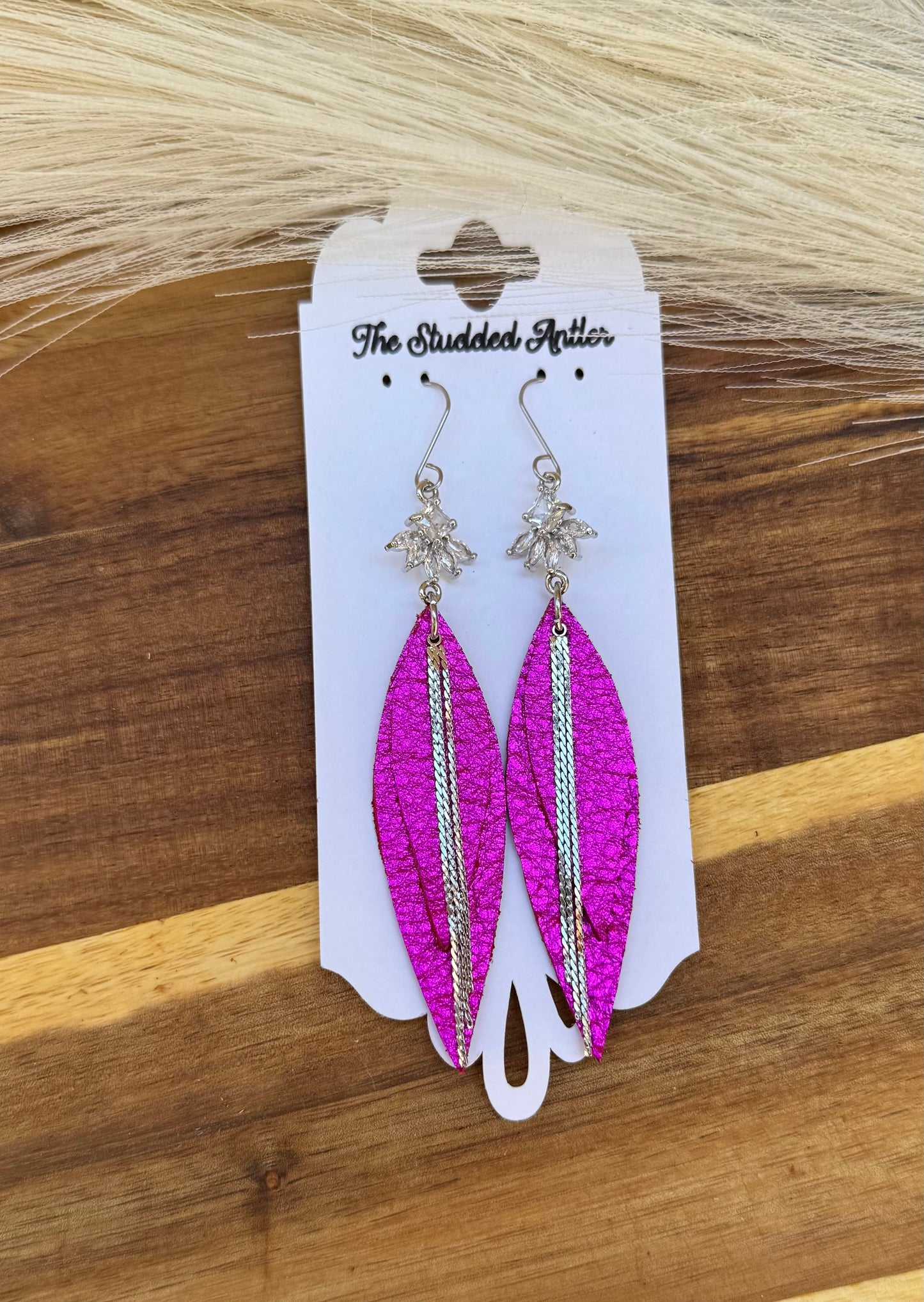 Hot Pink Metallic with rhinestone silver bars Handmade Hypoallergenic Leather Earrings