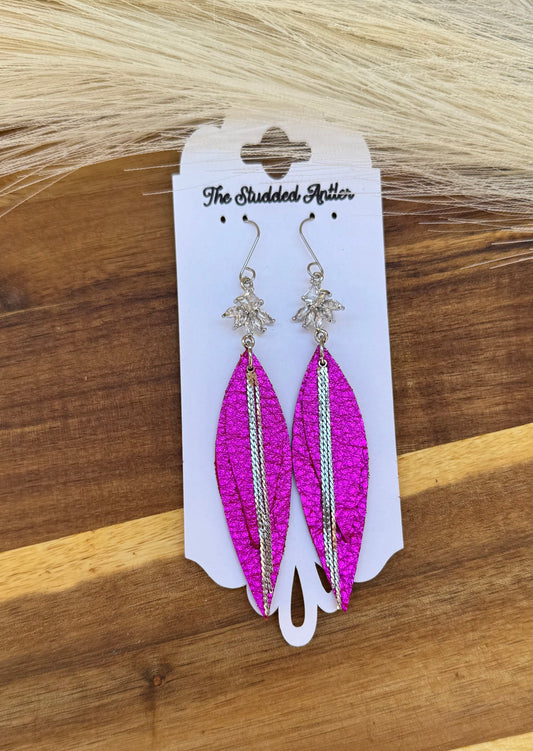 Hot Pink Metallic with rhinestone silver bars Handmade Hypoallergenic Leather Earrings