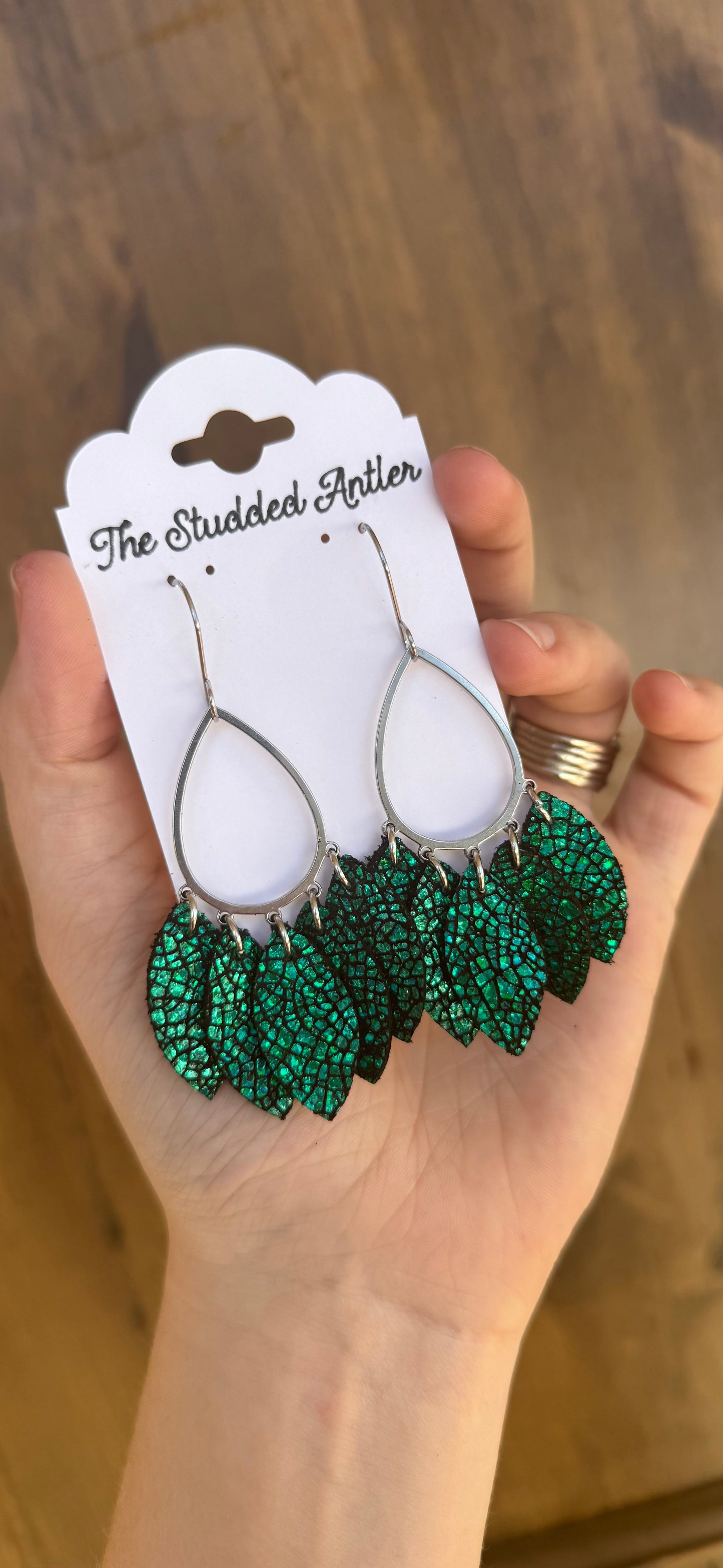 Green Metallic Crackle Short Dangle Genuine Leather Earrings