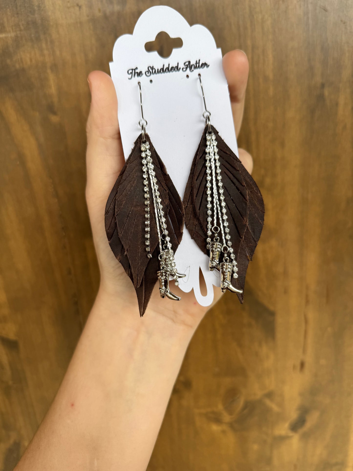 Brown Handmade Hypoallergenic Leather Earrings with Silver Cowboy Boots